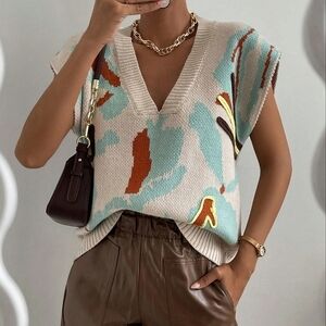 New Chic Knit Print Ribbed Trim V Neck Top Sweater Short Sleeve Tan Beige Blue